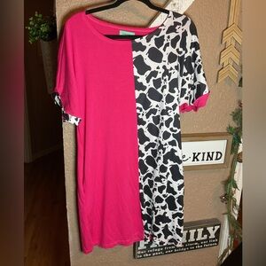 Sunshine & Rodeos Fuchsia Pink and Cow Print Half and Half Shirt Dress Small